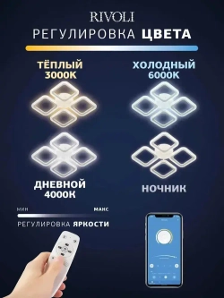 Люстра потолочная светодиодная с пультом ДУ Rivoli белая 64Вт 2800-6300К, светильник на кухню, в детскую, в спальню