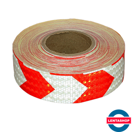 Бело-красная светоотражающая лента стрелка 50 мм х 45 м