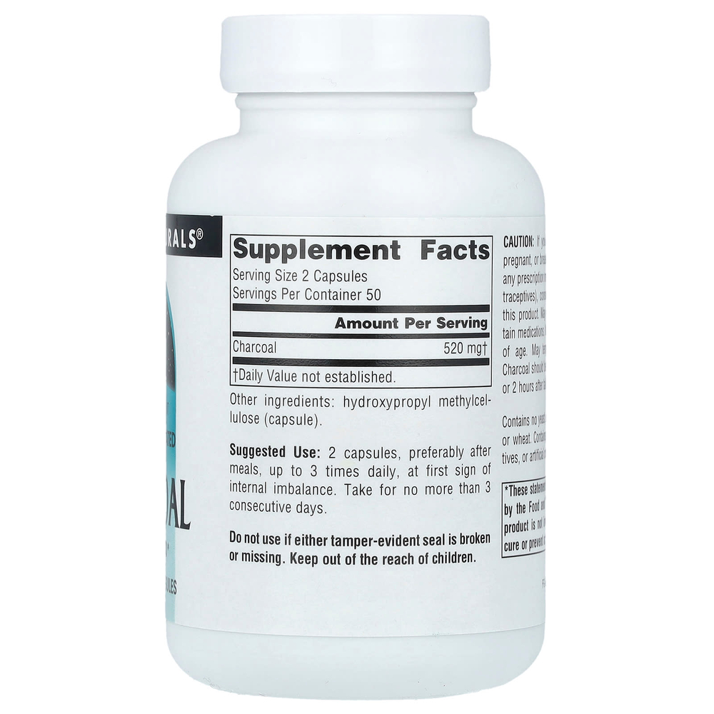 Source Naturals, 100% чистый активированный уголь, 260 мг, 100 капсул