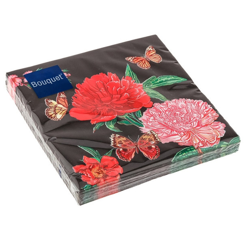 Салфетки бум DESNA BOUQUET 33*33 3сл Роскошные пионы на черном (20л)