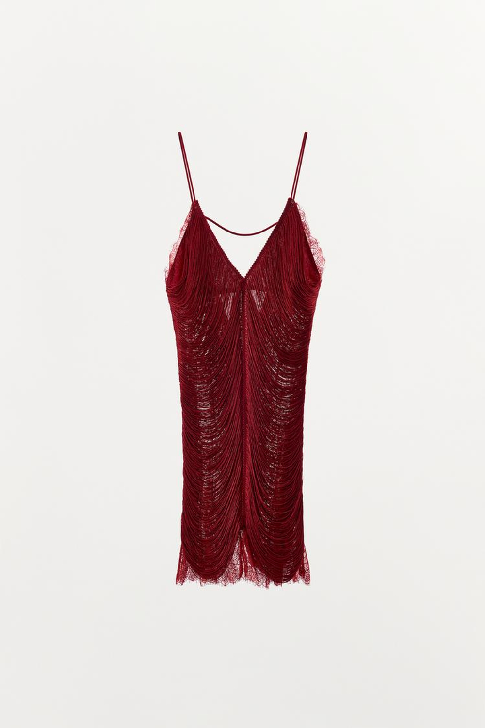 ZARA КОРОТКОЕ КРУЖЕВНОЕ ПЛАТЬЕ С БАХРОМОЙ, НАСЫЩЕННЫЙ КРАСНЫЙ