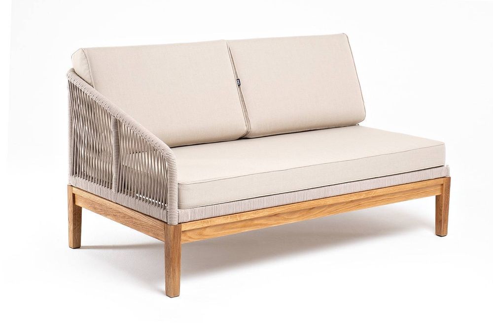 "Канны" правый модуль плетеный из роупа, основание дуб, роуп бежевый круглый, ткань бежевая 052