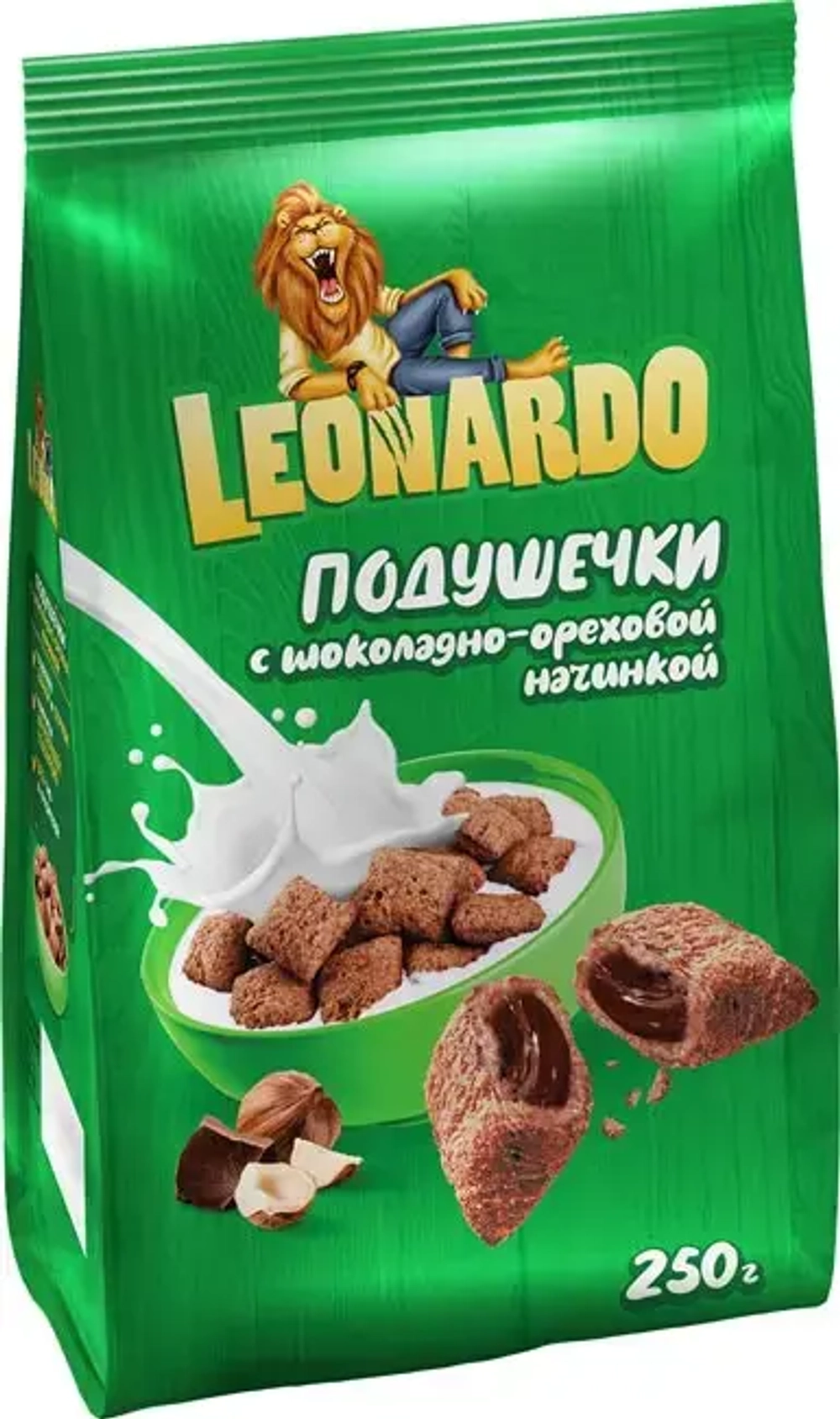 Завтрак готовый LEONARDO Подушечки с шоколадно-ореховой начинкой (Пак) 250г