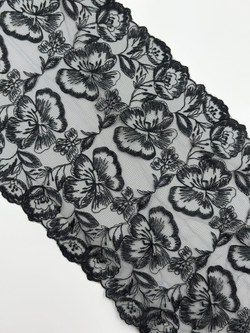 Кружево вышивка на сетке черная неэластичная ширина 22 см