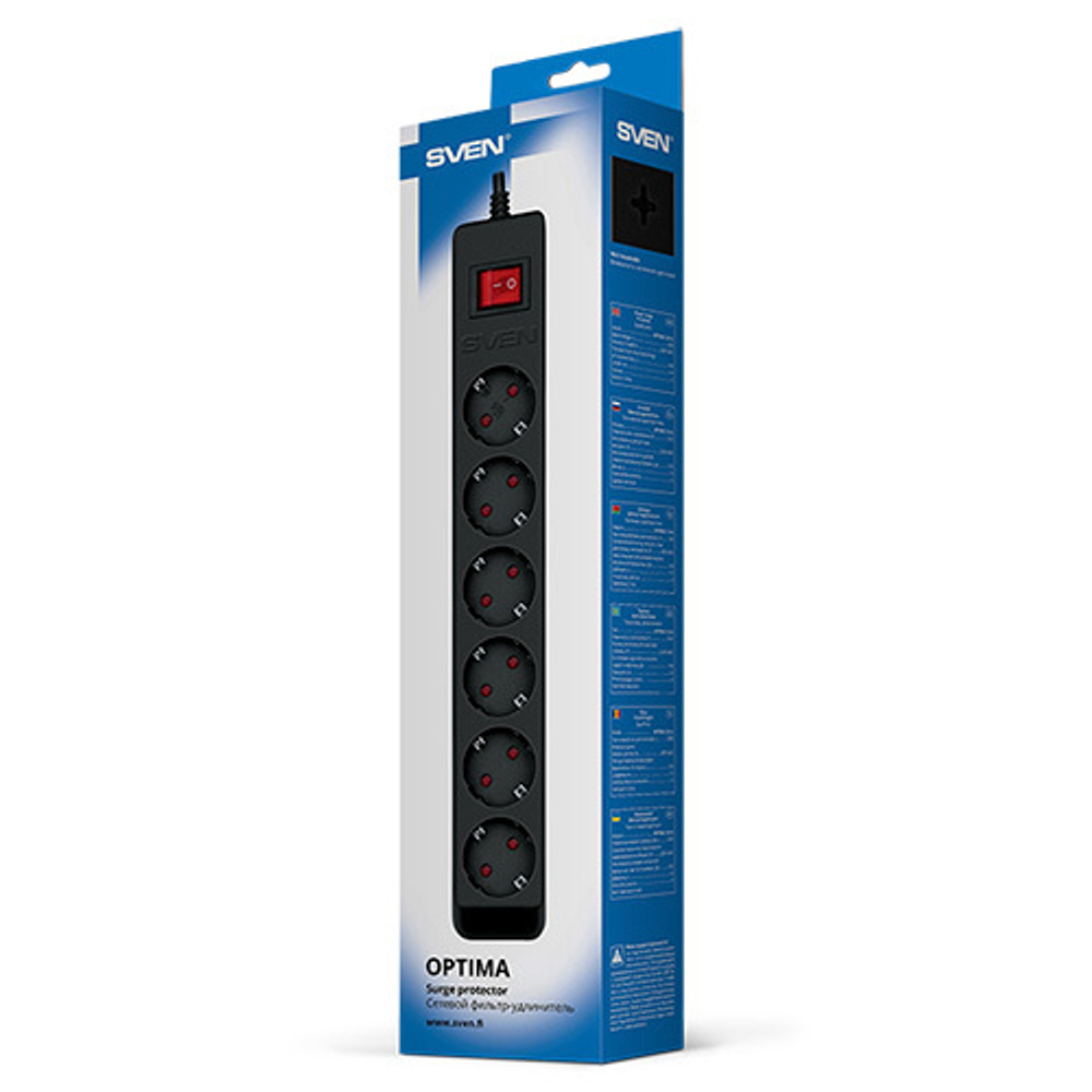 SVEN Фильтр Optima 5,0 м (6 розеток с защитными шторками) черный, цветная коробка