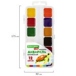Краски акварельные BRAUBERG "KIDS", медовые, 12 цветов, квадратные кюветы, пластиковый пенал, 192282
