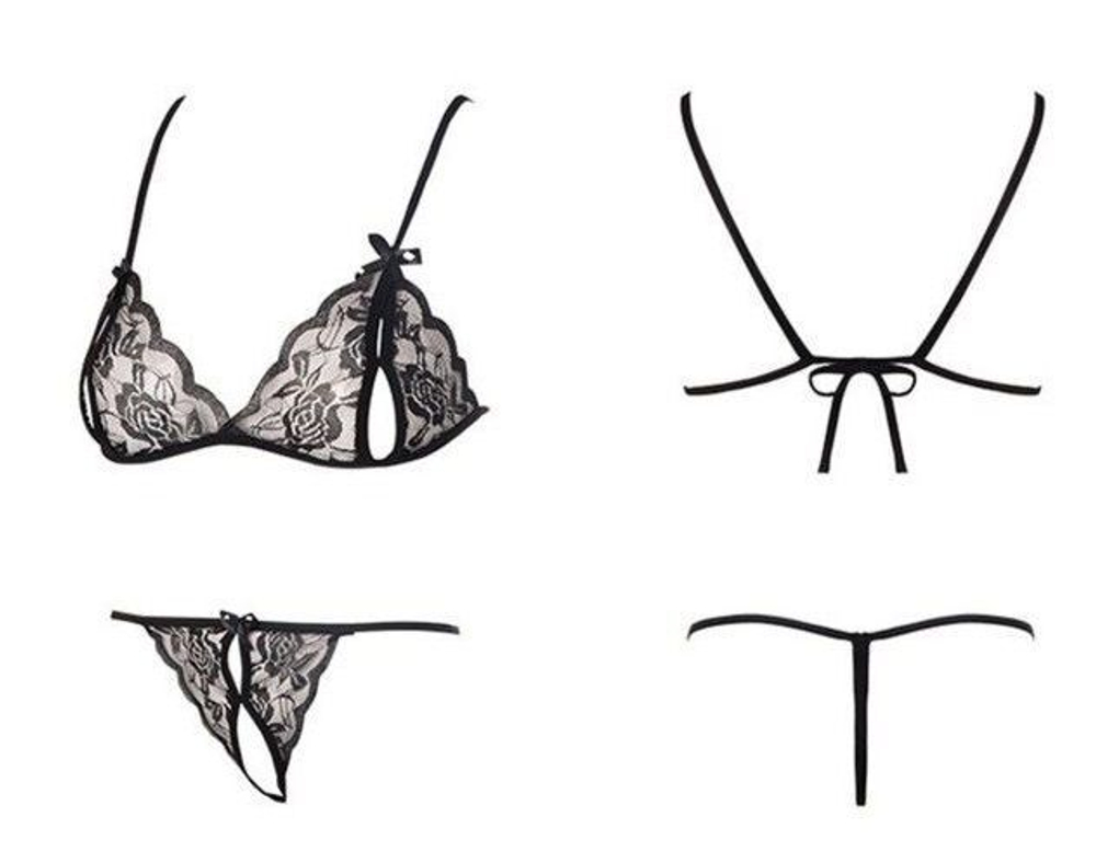 Черный эротический набор кружевного белья с бантиками (Размер: S-M-L) (Цвет: черный)