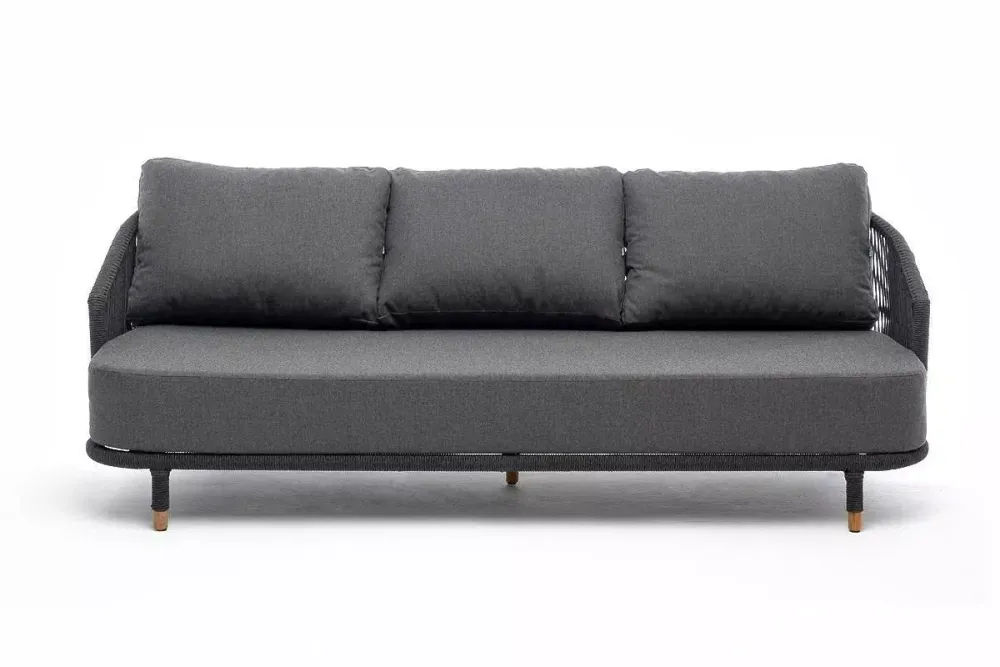 "Верона" диван 3-местный плетеный из роупа, каркас алюминий темно-серый (RAL7024) муар, роуп темно-серый круглый, ткань темно-серая 027