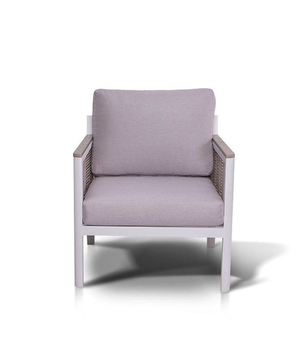 "Сан Ремо" кресло плетеное из роупа садовое, каркас алюминий белый, роуп бежевый, ткань бежевая