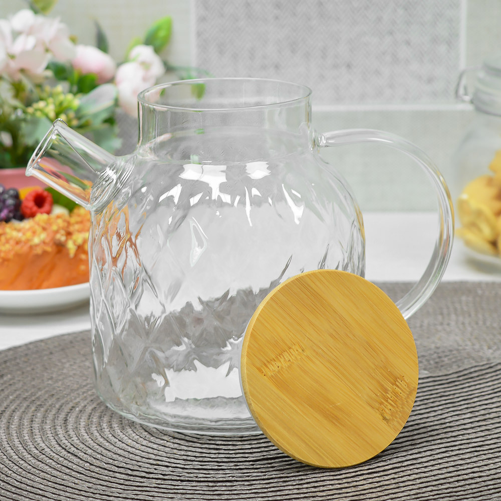 Чайник заварочный 1,8л стеклянный с бамбуковой крышкой, BZ-CH106