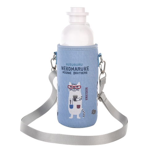 Бутылка для напитков с термочехлом и ремешком на плечо, 600мл, "NEKOMARUKE", джинсовый синий, 24-7163-2, "KUSUGURU"