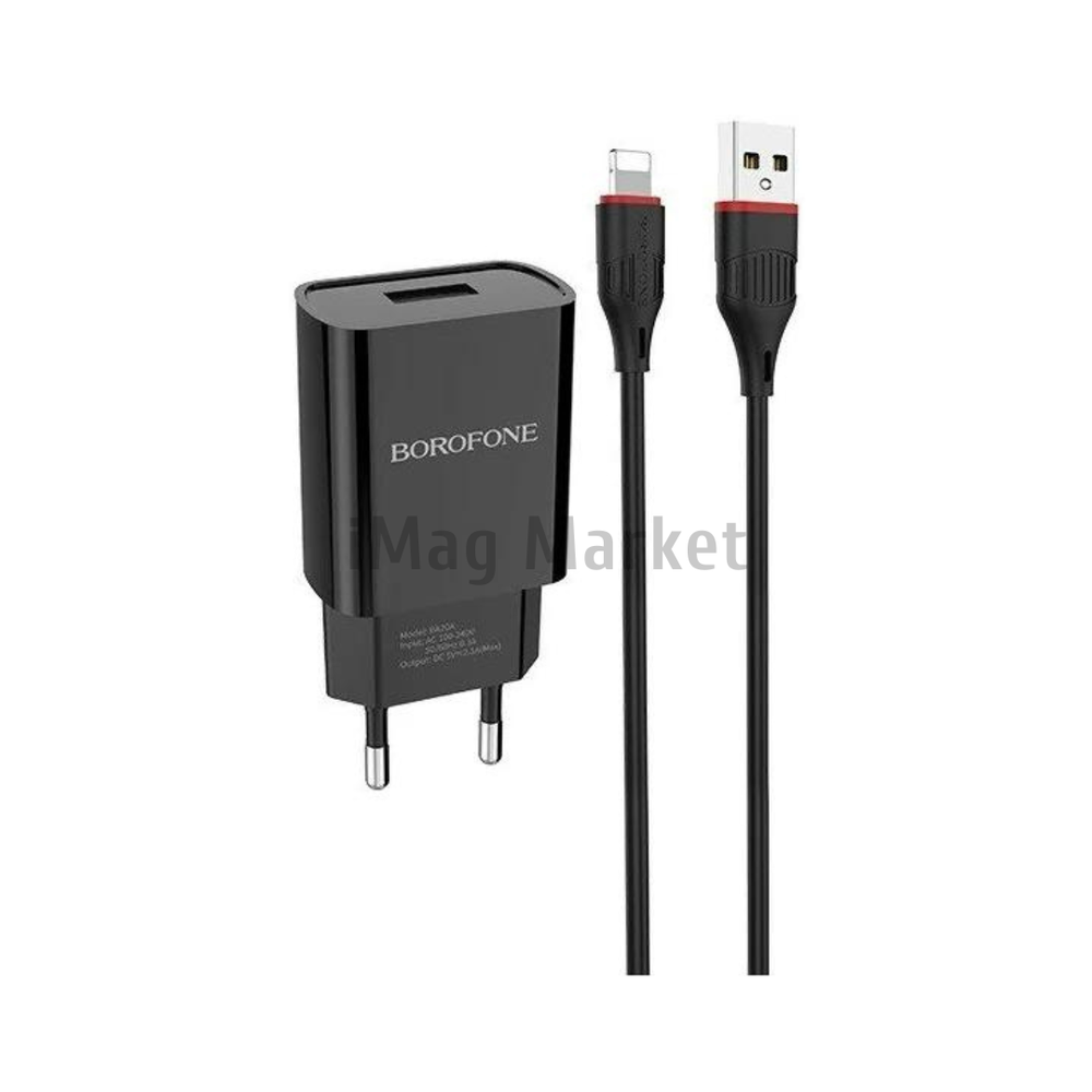 Сетевое зарядное устройство Borofone BA20A, 1 USB-A, 10.5W, 2.1A + кабель Lightning, 1 м, черный
