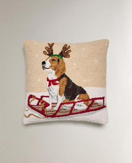 ZARA HOME РОЖДЕСТВЕНСКИЙ ЧЕХОЛ НА ПОДУШКУ С ВЫШИВКОЙ "СОБАКА НА САНЯХ", ЭКРЮ
