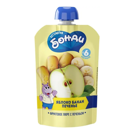 Пюре фруктовое БЕГЕМОТИК БОНДИ Яблоко, банан, печенье (ДПак) 90г