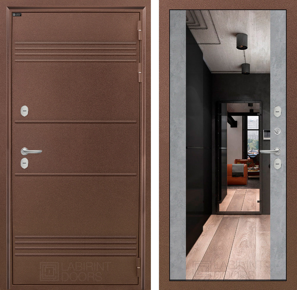 Дверь с терморазрывом Входная Лабиринт Термо Лайт С зеркалом Максимум Светлый бетон