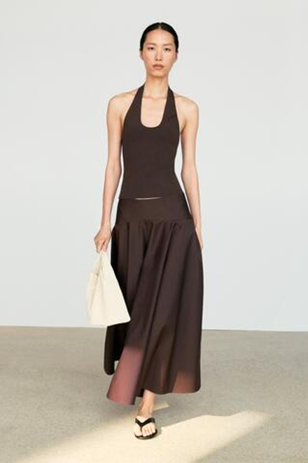 Massimo Dutti Миди-юбка с оборкам, коричневый