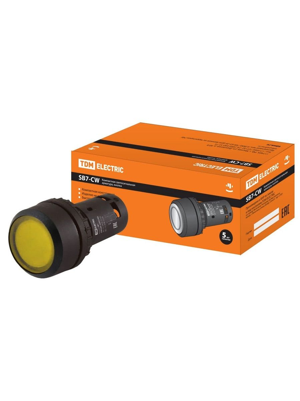 Кнопка SB7-CW3565 с возвратом, 1НО+1НЗ, d22 мм, с подсветкой 220 В LED, желтая, IP54 TDM