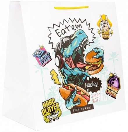 Пакет подарочный Голодный динозавр Белый 22*22*11 см.