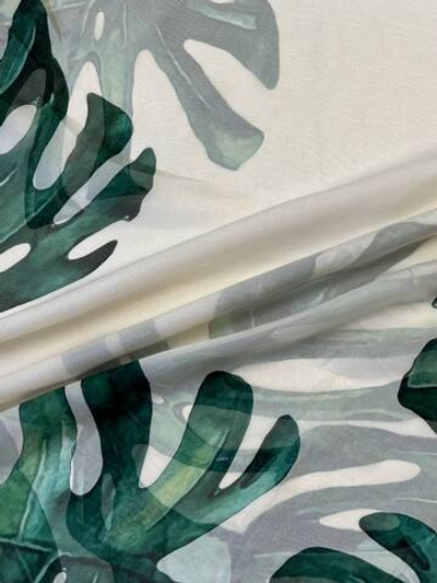 Шелк шифон белый с листьями монстеры