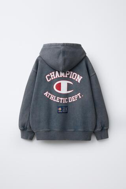 ZARA X CHAMPION ® ХУДИ С КАПЮШОНОМ С ЭФФЕКТОМ ПОТЕРТОСТИ, ГОЛУБОЙ