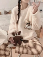 Пижама со штанами теплая плюшевая женская костюм домашний