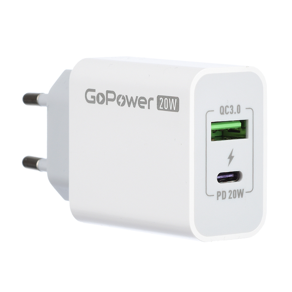 Сетевое зарядное устройство GPQC08, 1USB+1Type-C, 20Вт QC3.0, белый, GoPower
