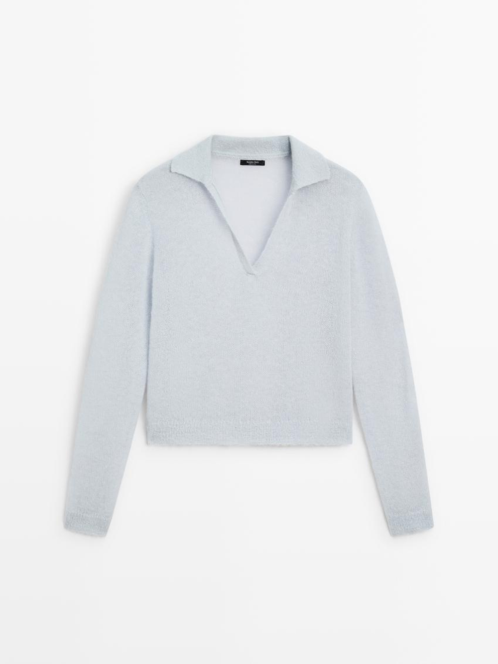 Massimo Dutti Трикотажный свитер из смесовой альпаки с воротником поло, небесно-голубой