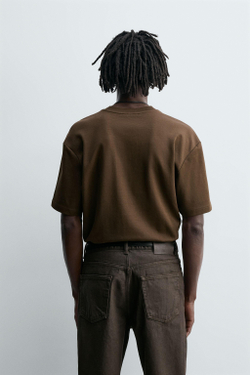 ZARA ФУТБОЛКА RELAXED FIT INTERLOCK, ТЕМНО-КОРИЧНЕВЫЙ
