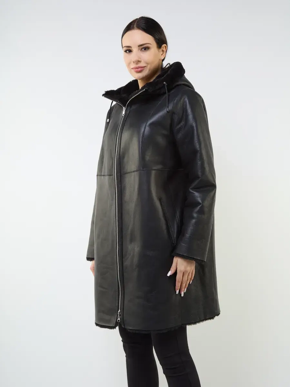 Дубленка зимняя двухсторонняя шуба с капюшоном