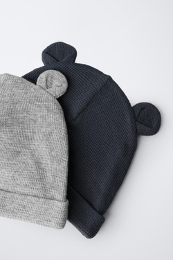 ZARA НАБОР ИЗ ДВУХ ШАПОК WAFFLE С УШКАМИ, СЕРЫЙ/СИНИЙ