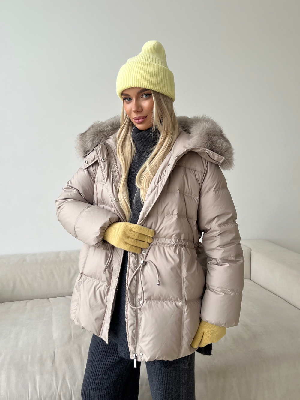 Пуховик Fresh миди с кулиской бежевый