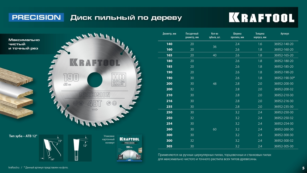 KRAFTOOL Precision, 305 х 30 мм, 60Т, пильный диск по дереву (36952-305-30)