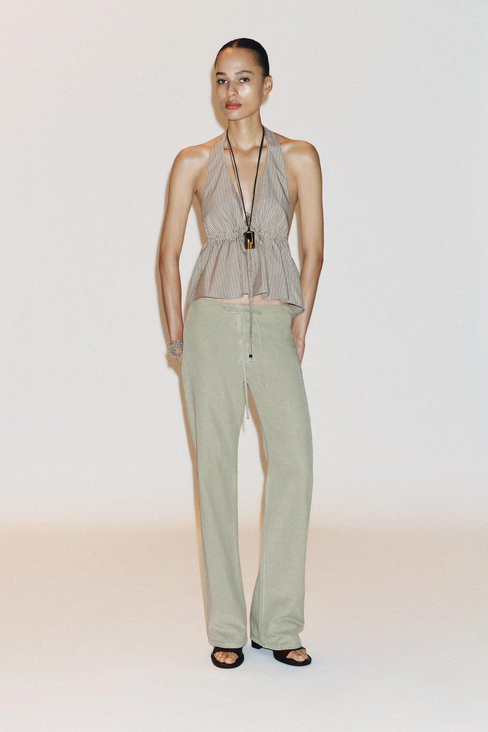 ZARA ТОП ИЗ ПОПЛИНА В ПОЛОСКУ С ГОРЛОВИНОЙ ХАЛТЕР, КОРИЧНЕВЫЙ/ЗЕЛЕНЫЙ