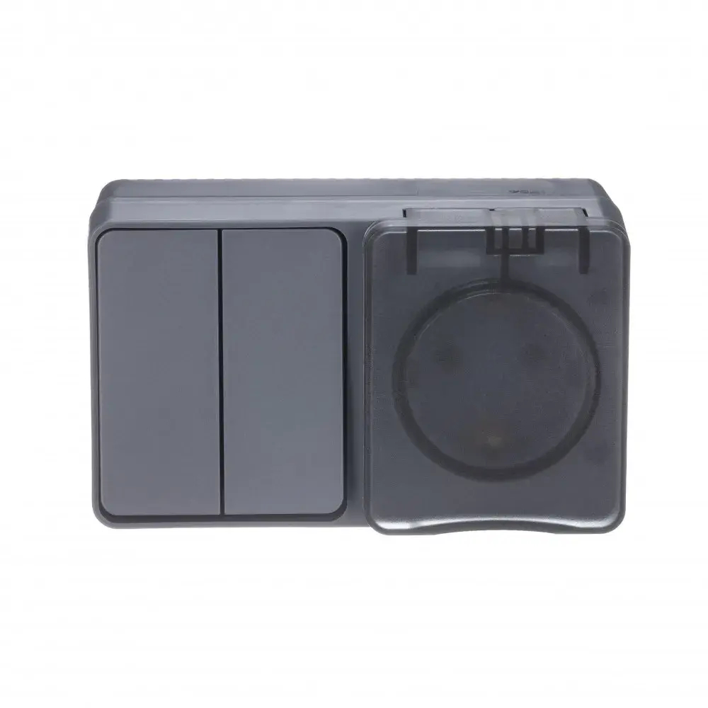 ATLASDESIGN PROFI IP54 О/У БЛОК: РОЗЕТКА с заземл. со шт., 16А, ВЫКЛЮЧАТЕЛЬ 2-клав., 10АХ, АНТРАЦИТ