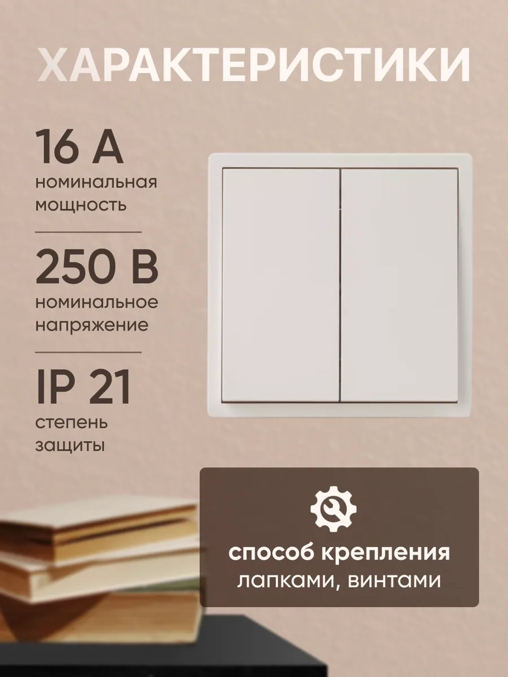 Выключатель двухклавишный внутренний с рамкой белый