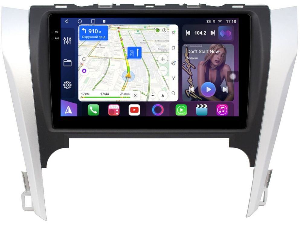 Магнитола Toyota Camry 50 2011-2014 (рамка серебристо-черная) - FarCar 7048B9 монитор 9.5" QLED на Android 14, TS18, CarPlay, 4G SIM-слот