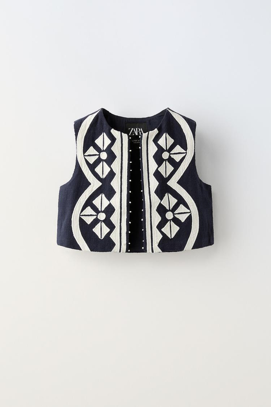 ZARA ЖИЛЕТ С ВЫШИВКОЙ, СИНИЙ