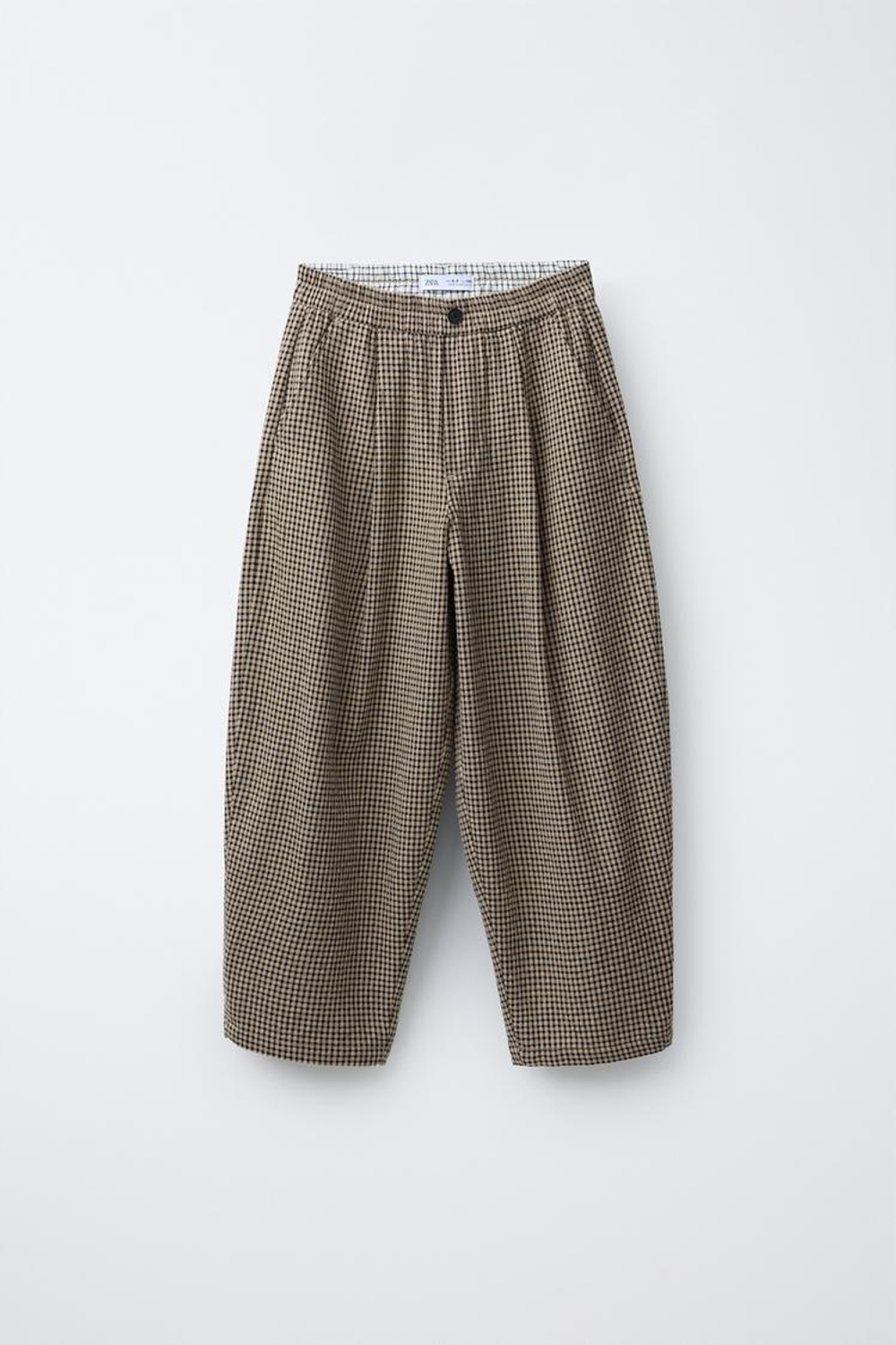 ZARA БРЮКИ BAGGY В КЛЕТКУ ВИШИ, СВЕТЛЫЙ ЭКРЮ