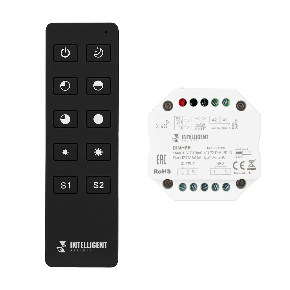 INTELLIGENT ARLIGHT Диммер SMART-SET-TRIAC-601-72-DIM-PD-IN Black (230V, 1x1.5A, ПДУ 10кн, 2.4G) (IARL, IP20 Пластик, 5 лет) 036190