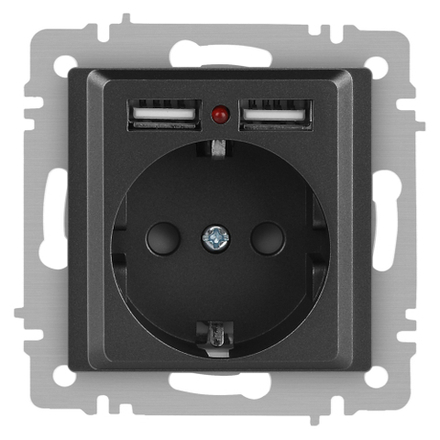 Розетка Intro Accent 6-410-07 P+E Schuko со шторками, 16А-250В + 2хUSB, IP20, СУ, графит