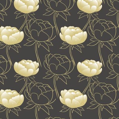 Золотые пионы на черном фоне. Цветочный элегантный узор.
