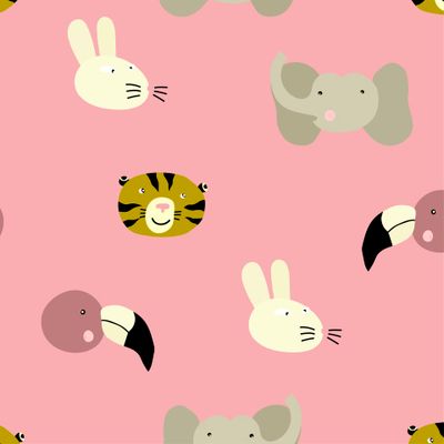 Детский милый паттерн с головами зверей - тигр, слон, фламинго, заяц