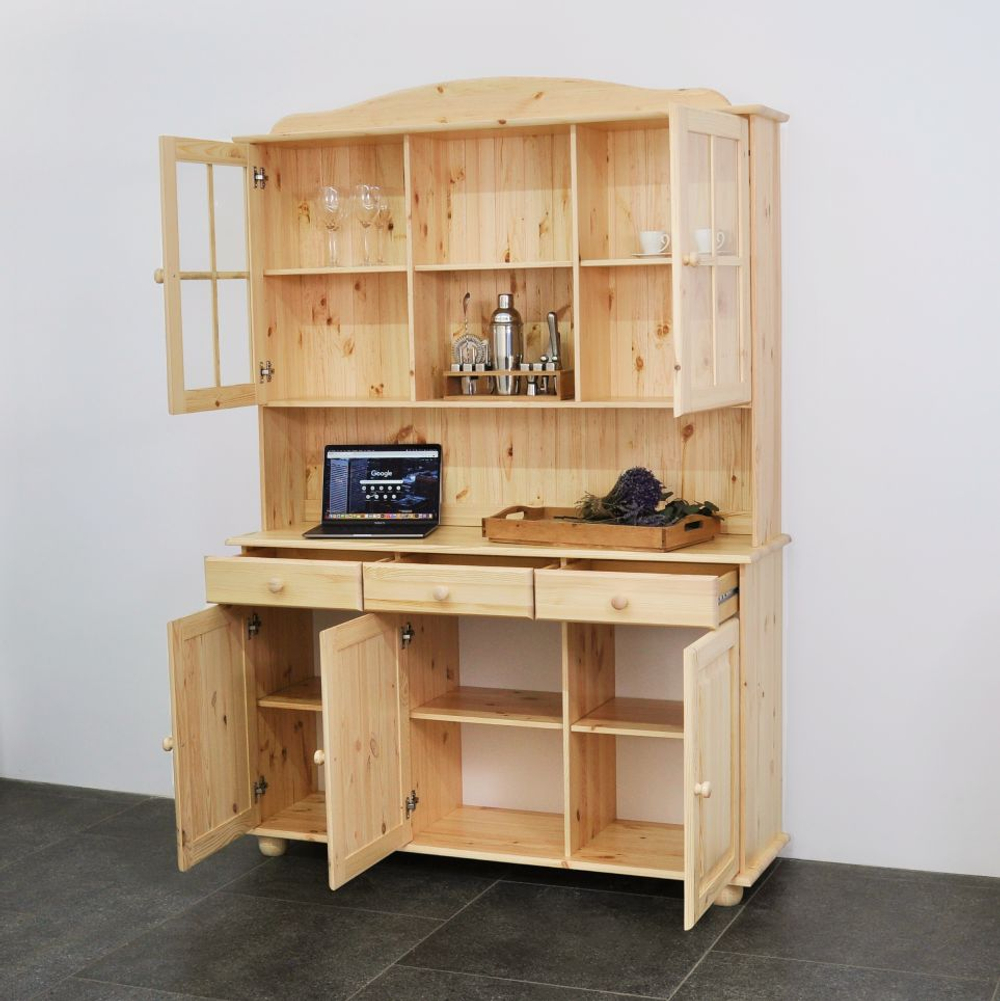 Шкаф витрина 132х39х192, Лена, стеклянная, трехдверный, массив сосны, буфет для кухни, для посуды, лак, Dipriz