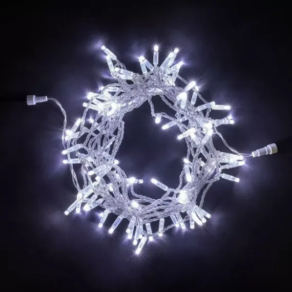 Светодиодная гирлянда с колпачком 100 холодных белых LED ламп 10 м., мерцание, 24В., прозрачный провод ПВХ, IP65, LTC (PST100BLWCAP-10-1W)