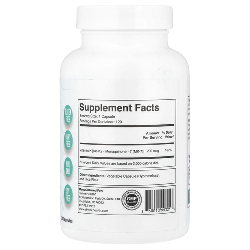 Divine Health, Дон Кольбер, доктор медицины Super K2, 120 капсул (200 мкг в капсуле)