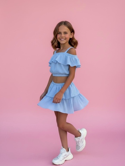 Костюм из муслина топ и юбка-шорты, голубой