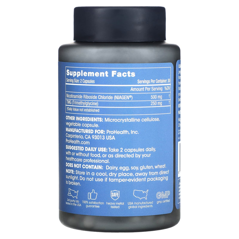 ProHealth Longevity, никотинамид рибозид Pro 500, 500 мг, 60 капсул (250 мг в 1 капсуле)