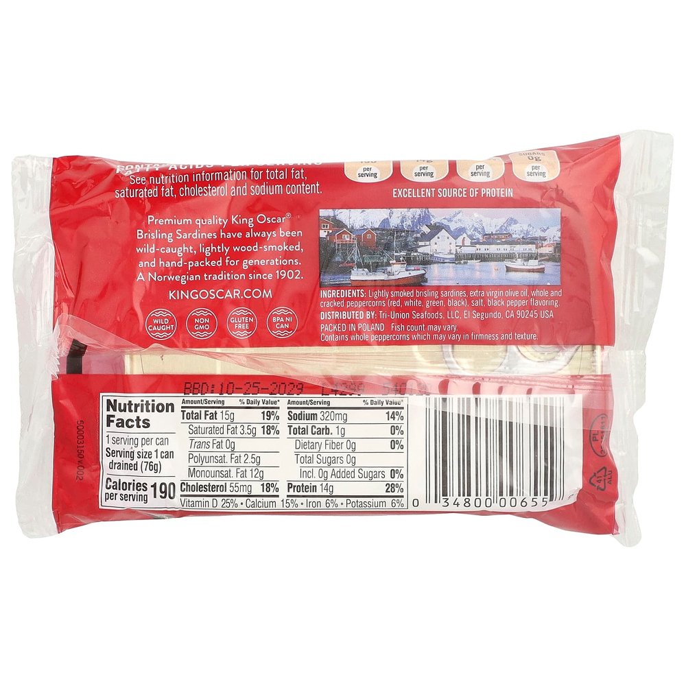 King Oscar, сардины дикого улова в нерафинированном оливковом масле высшего качества с пряным молотым перцем, в один слой, 106 г (3,75 унции)