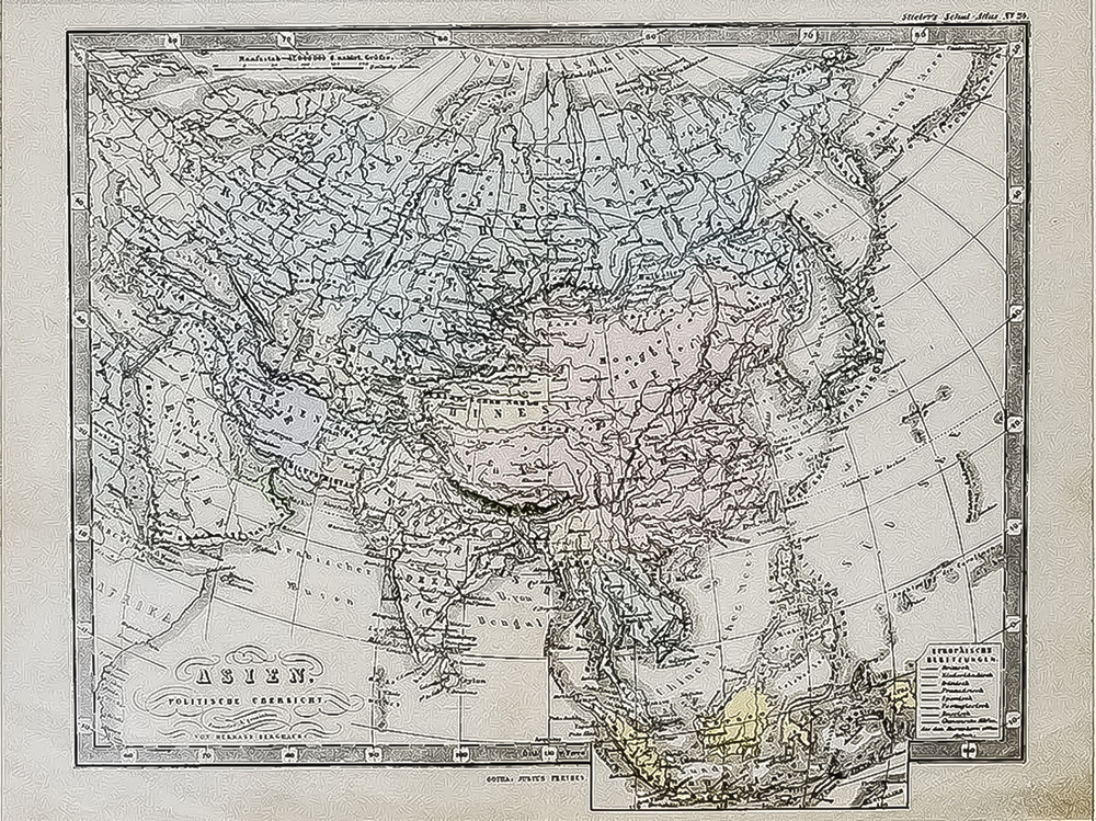 Старинная карта Х. Бергхаус  Asien Politische Ubersicht/ Политическая карта Азии. 1862 г. Гравюра