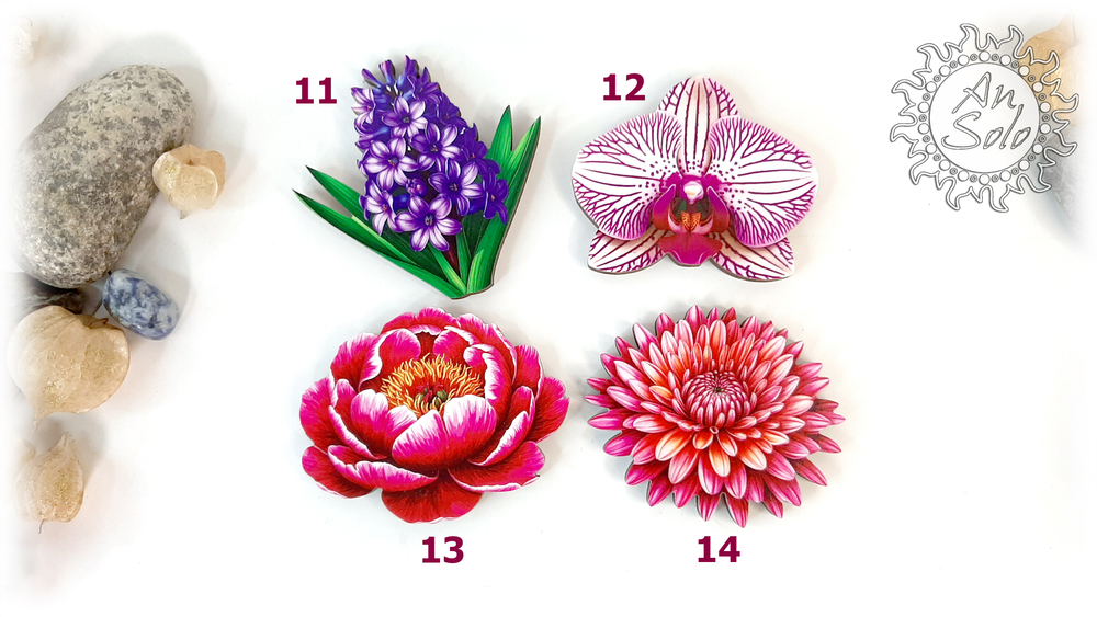 Магниты серия "Цветочная симфония" из кедра в ассортименте 3 часть